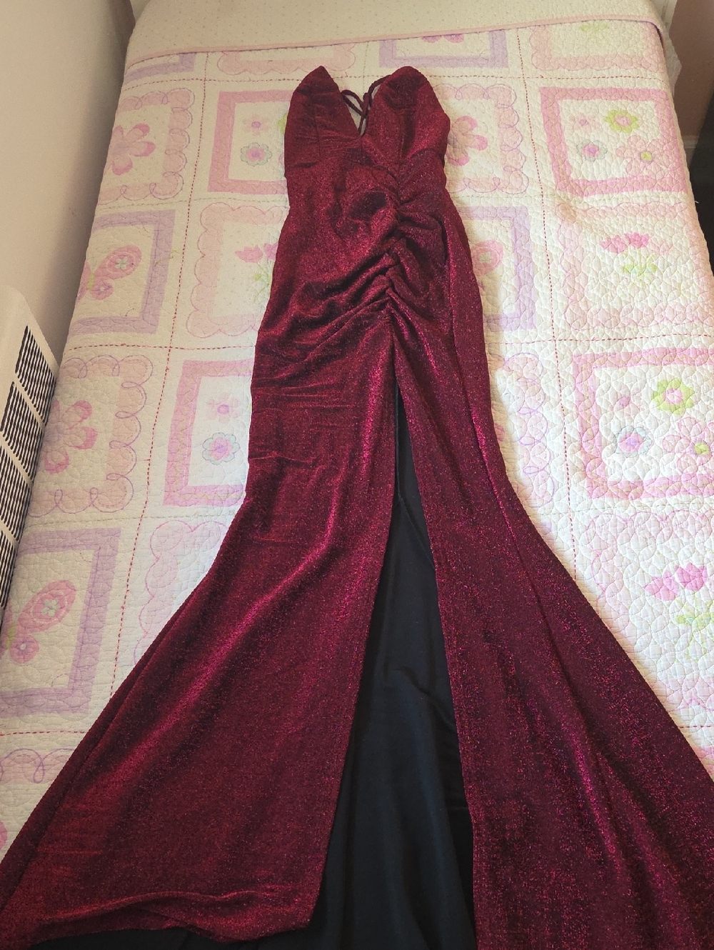 Sparkling Burgundy Formal Gown - Ruched V-Neck, Front Slit